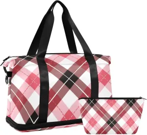 Red White Buffalo Plaid Travel Hand Bag Weekend Bag with Adjustable Strap for Trekking Multifunctional
