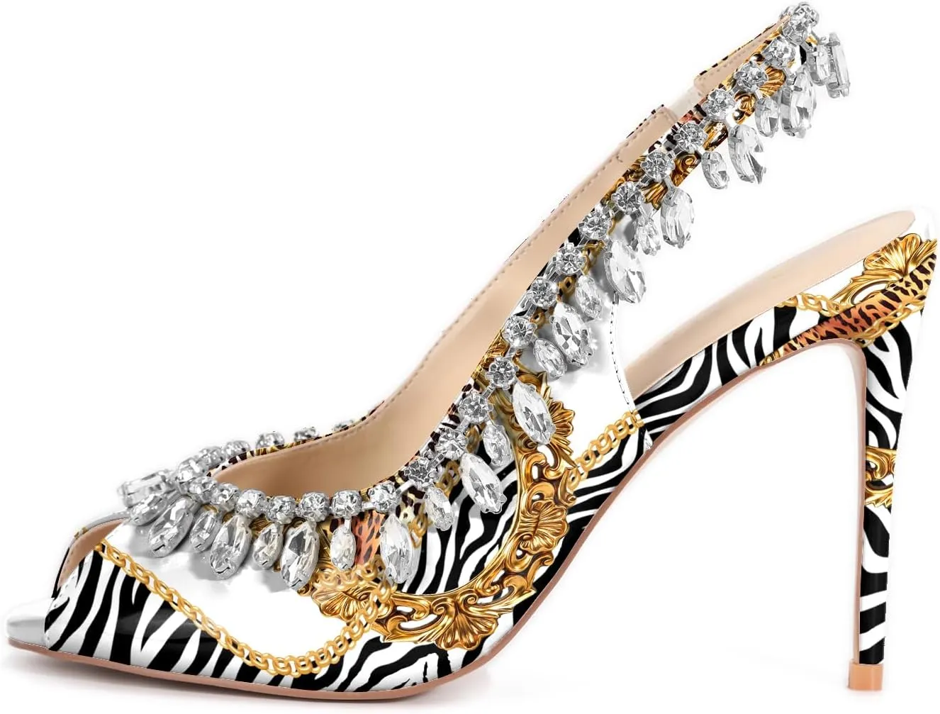 Reindee Lusion Womens High Stiletto Heels Crystal Printed Peep Toe Sexy Sling Back Pumps Shoes