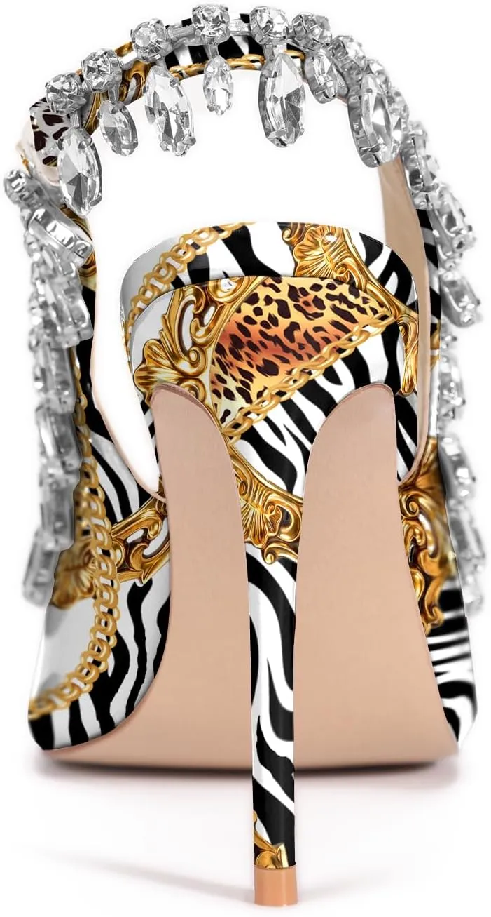 Reindee Lusion Womens High Stiletto Heels Crystal Printed Peep Toe Sexy Sling Back Pumps Shoes