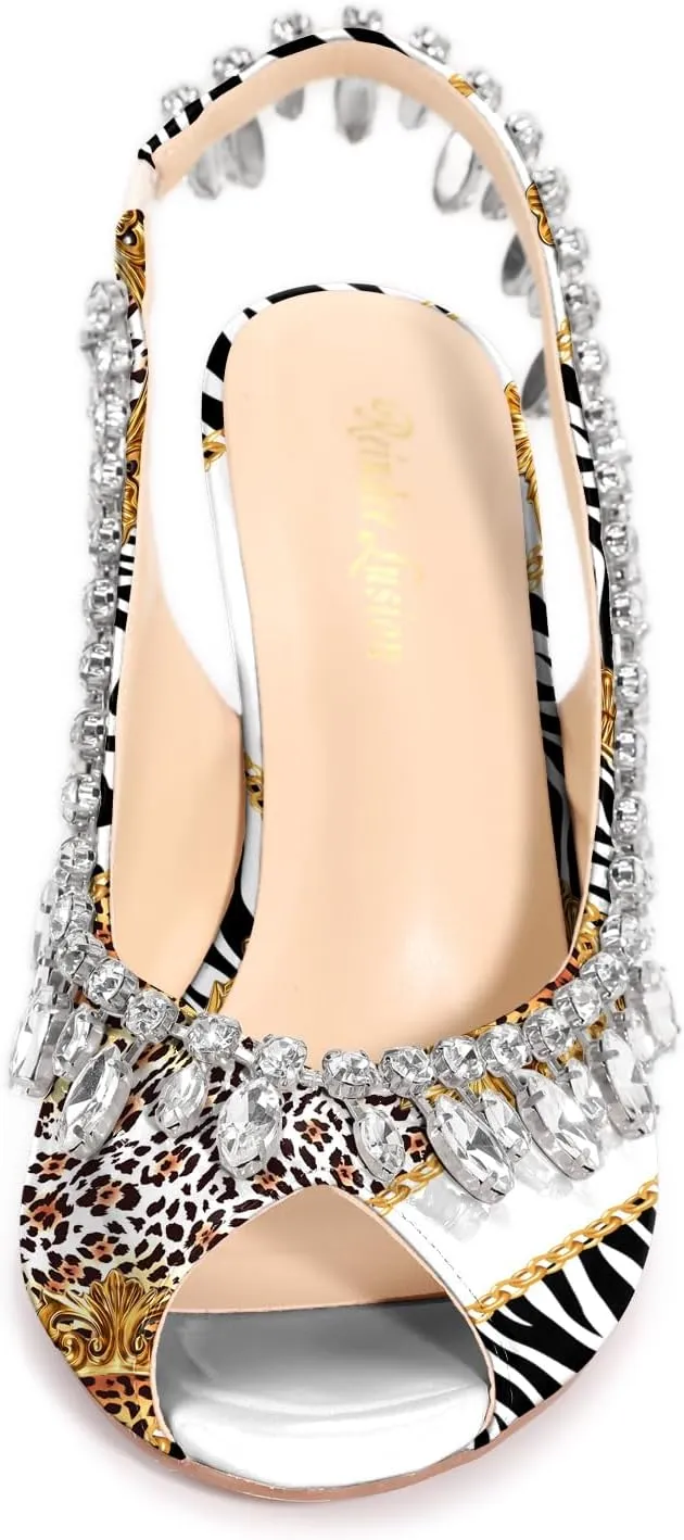 Reindee Lusion Womens High Stiletto Heels Crystal Printed Peep Toe Sexy Sling Back Pumps Shoes