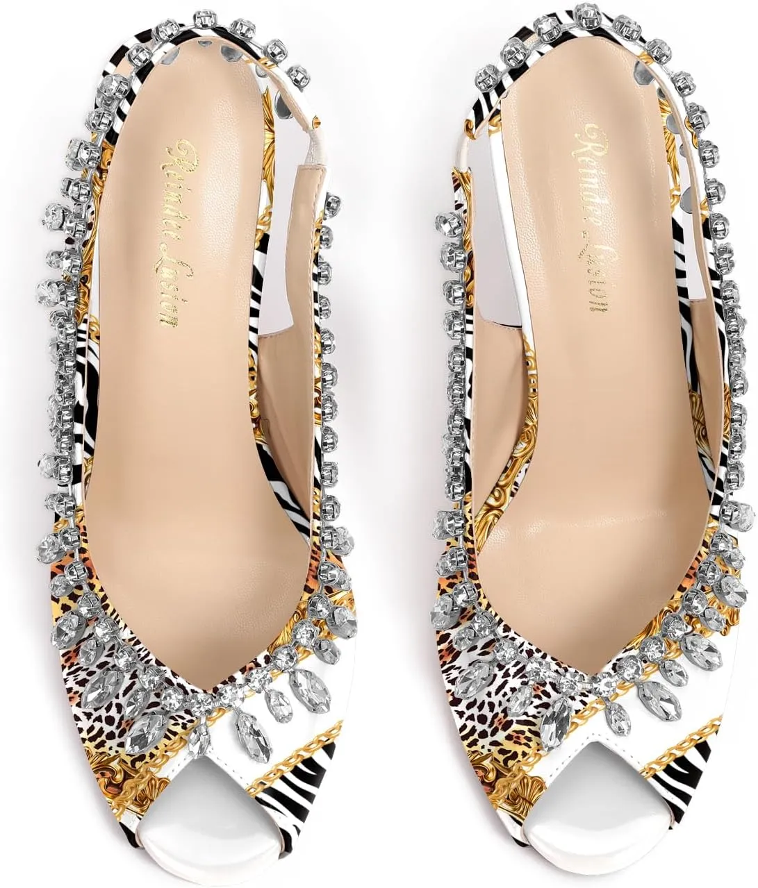 Reindee Lusion Womens High Stiletto Heels Crystal Printed Peep Toe Sexy Sling Back Pumps Shoes