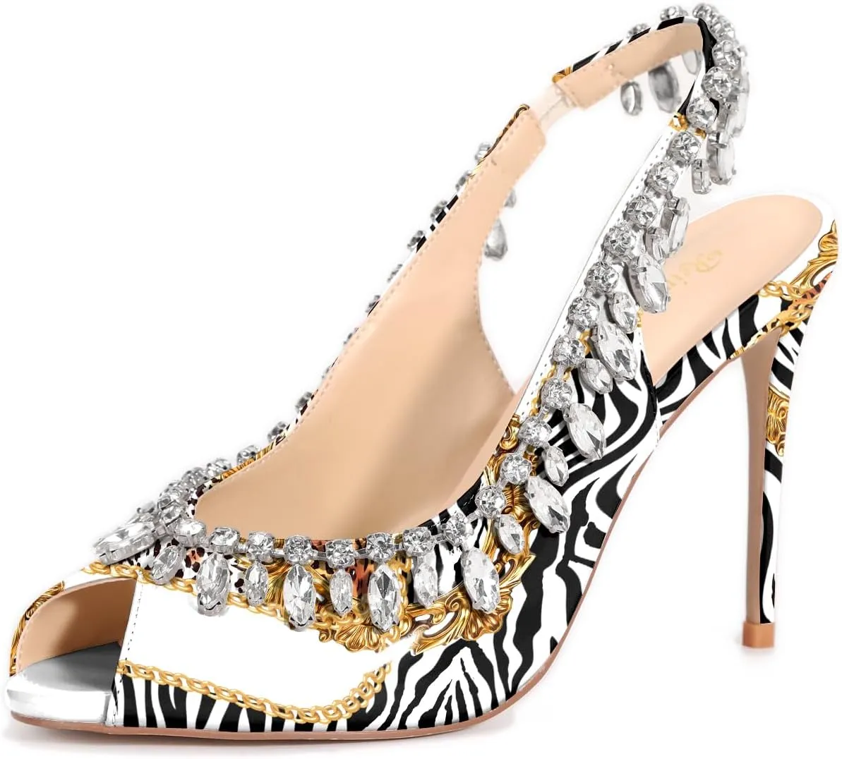 Reindee Lusion Womens High Stiletto Heels Crystal Printed Peep Toe Sexy Sling Back Pumps Shoes