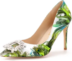 Reindee Lusion Womens High Stiletto Heels Pumps Crystal Printed Closed Toe Sexy Pumps Shoes