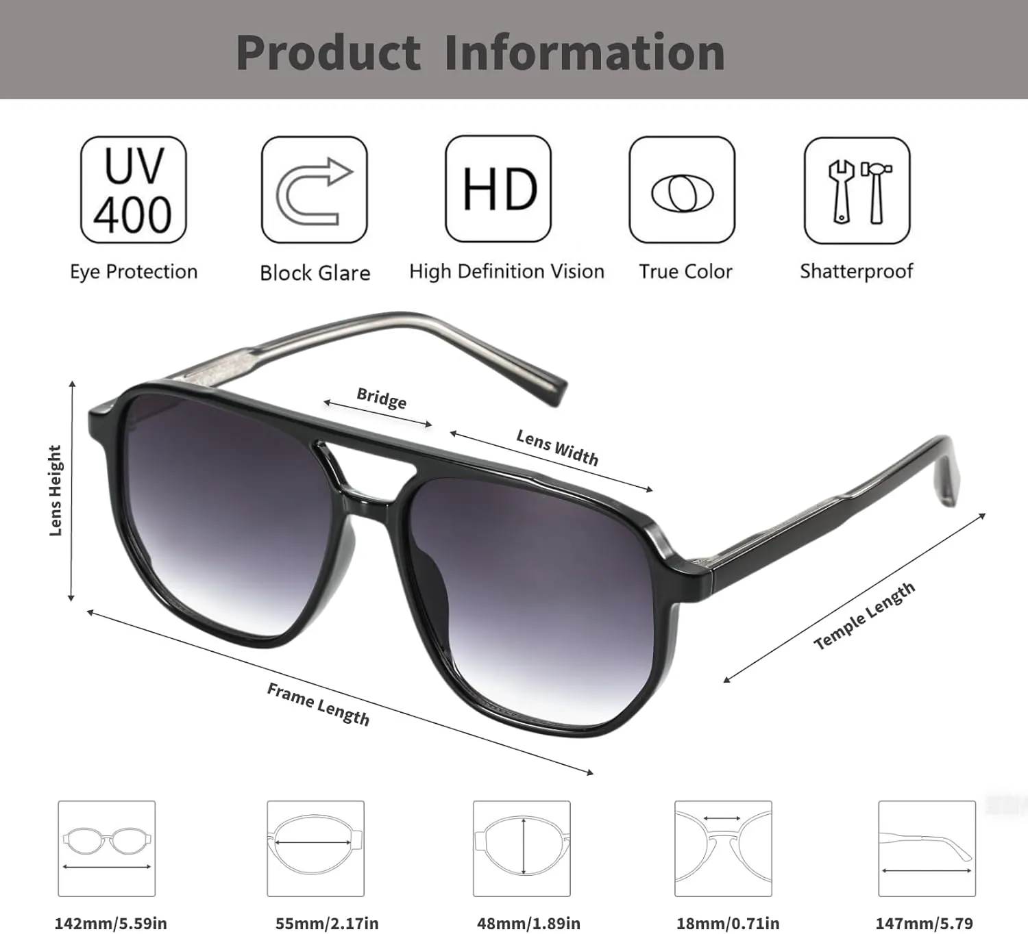 Retro Aviator Sunglasses for Women & Men Lightweight Square Shade UV400 Protection Unisex Sun Glasses Frame