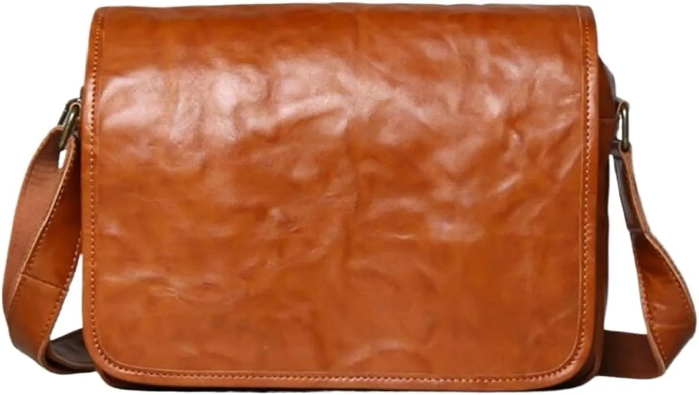 Retro Mens Shoulder Bags Genuine Leather Crossbody Bags Travel Bags Messenger Bags Casual Daypacks 11.4Inch(Yellow)