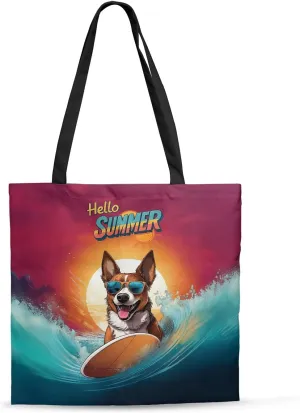 Retro Surfing Dog in Cool Sunglasses Hello Summer Waves Canvas Tote Bag Reusable Shopping Grocery Bag