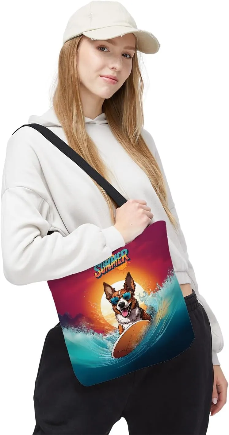 Retro Surfing Dog in Cool Sunglasses Hello Summer Waves Canvas Tote Bag Reusable Shopping Grocery Bag