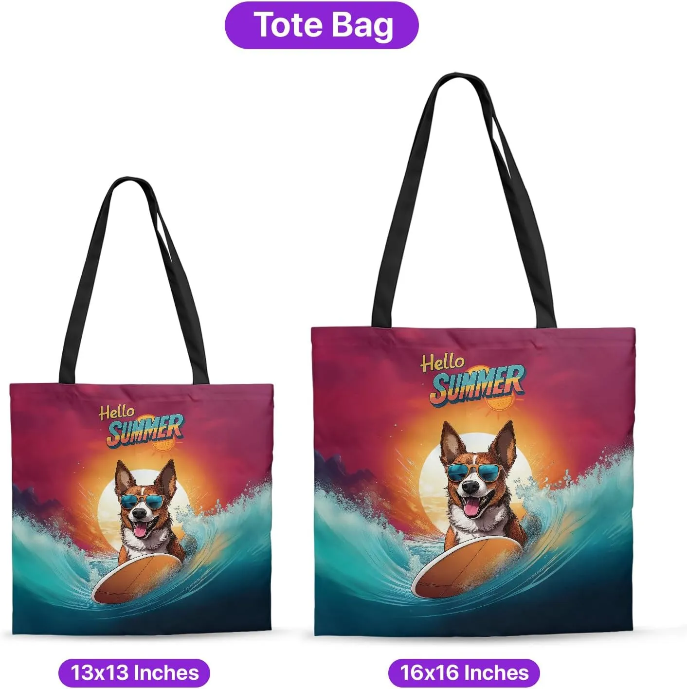 Retro Surfing Dog in Cool Sunglasses Hello Summer Waves Canvas Tote Bag Reusable Shopping Grocery Bag