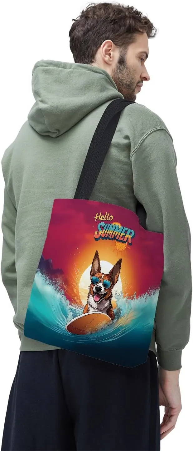 Retro Surfing Dog in Cool Sunglasses Hello Summer Waves Canvas Tote Bag Reusable Shopping Grocery Bag