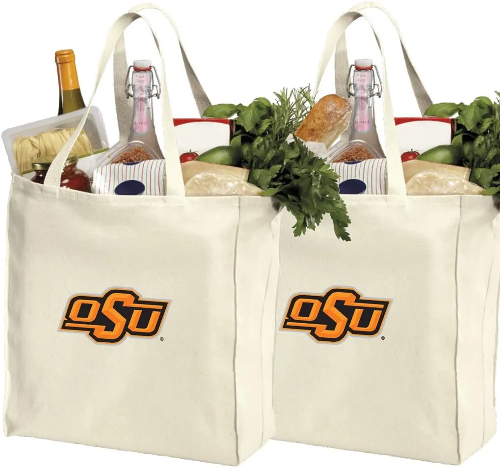 Reusable Oklahoma State Shopping Bags or OSU Cowboys Grocery Bag 2Pc SET NATURAL COTTON