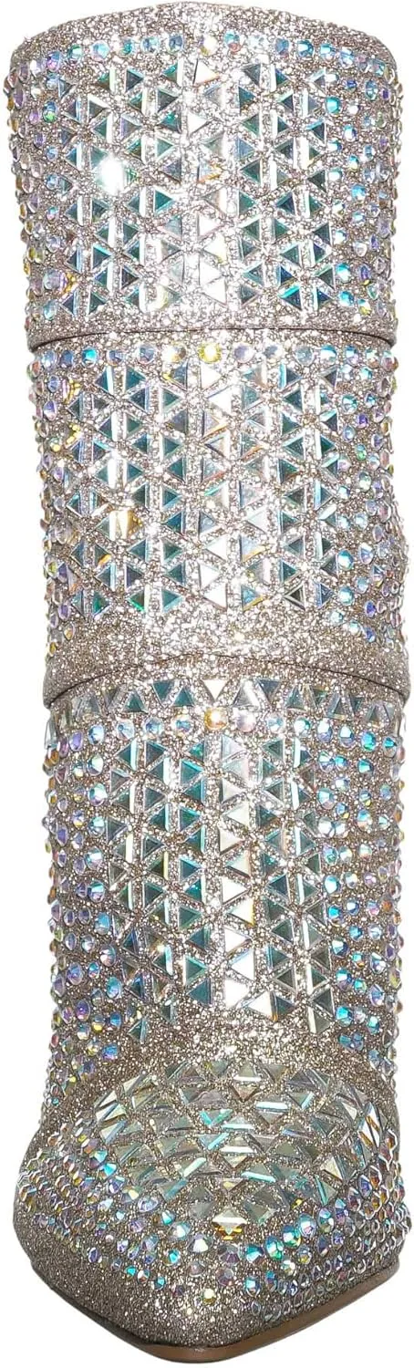 Rhinestone Studded Stiletto Bootie- Womens Crystal Ankle Height Boot