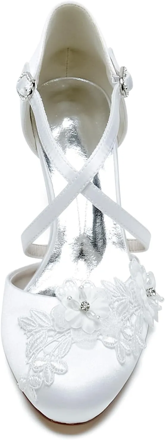 Roimaash Vintage Flower Satin Wedding Pumps Round Toe Criss Cross
