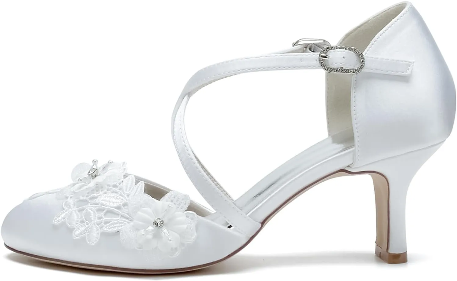 Roimaash Vintage Flower Satin Wedding Pumps Round Toe Criss Cross