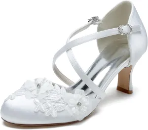 Roimaash Vintage Flower Satin Wedding Pumps Round Toe Criss Cross