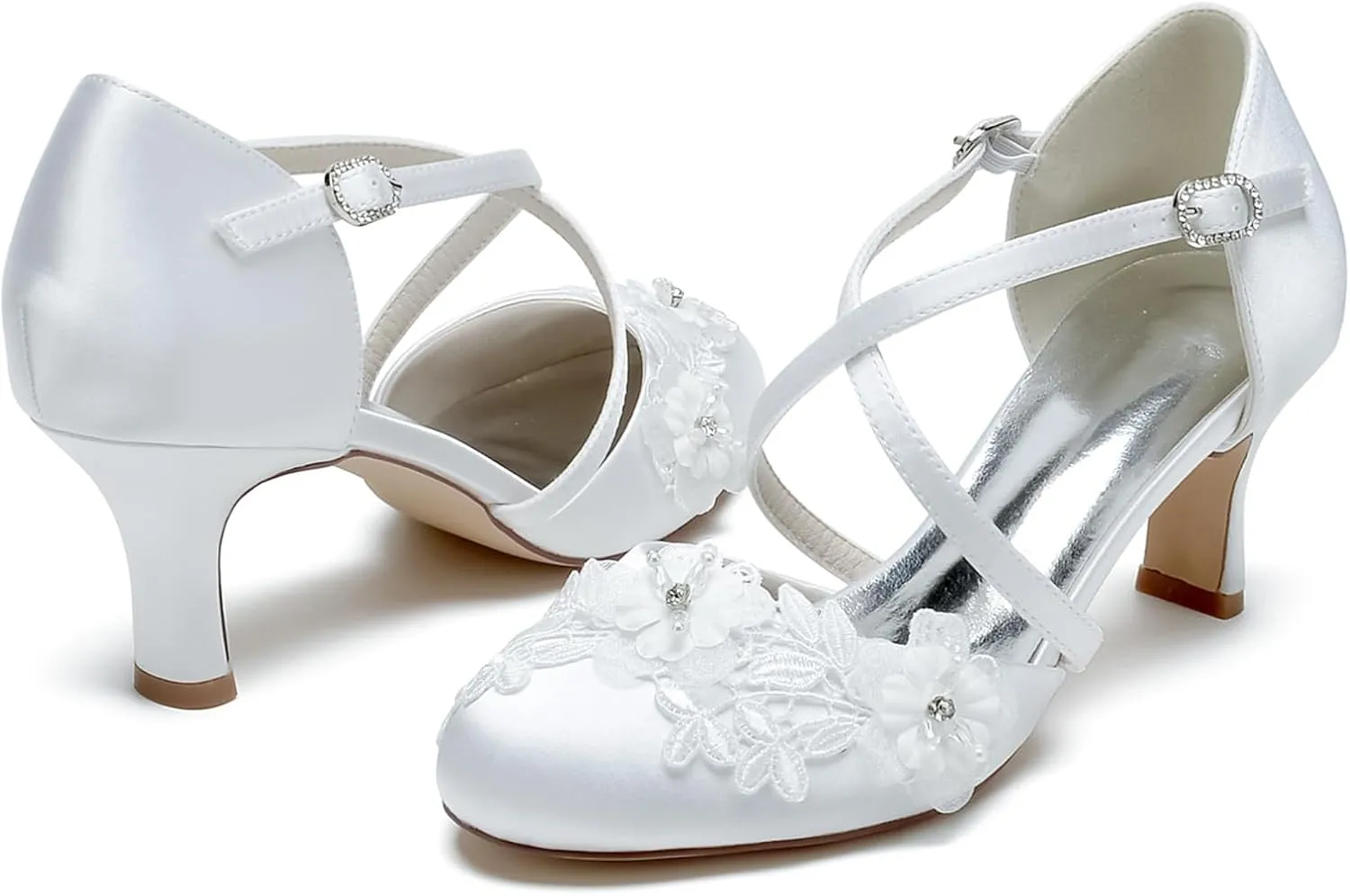 Roimaash Vintage Flower Satin Wedding Pumps Round Toe Criss Cross