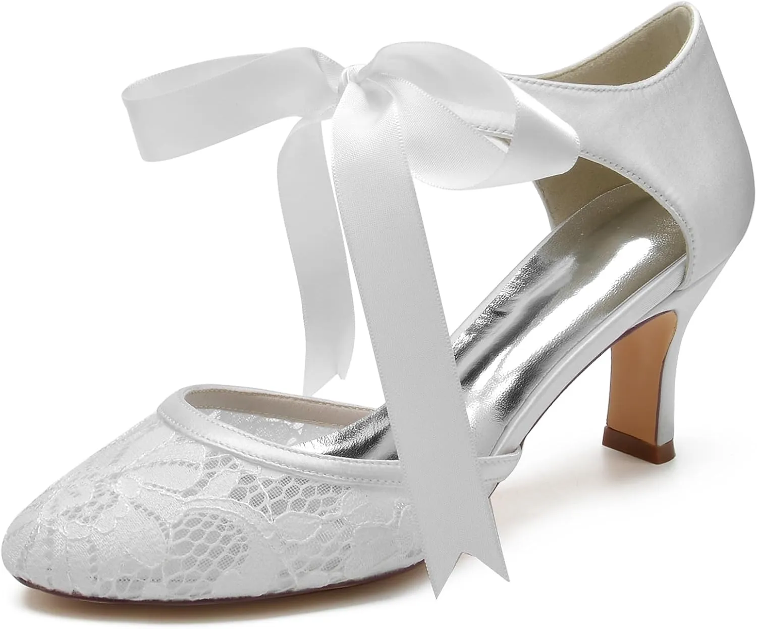 Roimaash Vintage Ribbon Lace Bow Wedding Pumps Round Toe