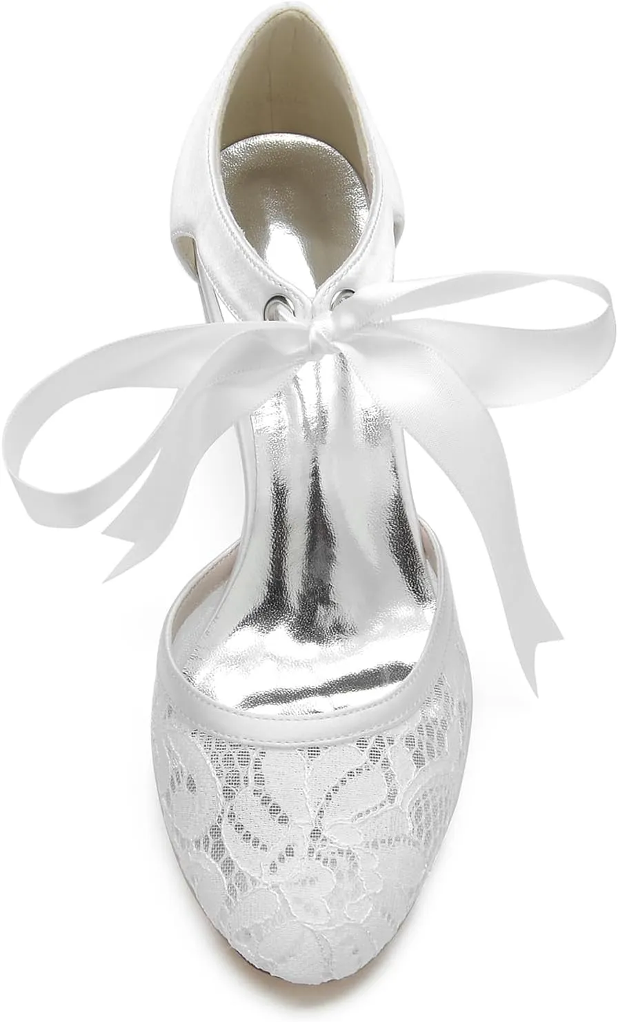 Roimaash Vintage Ribbon Lace Bow Wedding Pumps Round Toe