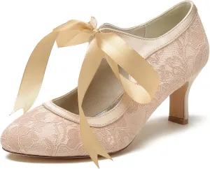 Roimaash Vintage Ribbon Lace Bow Wedding Pumps Round Toe