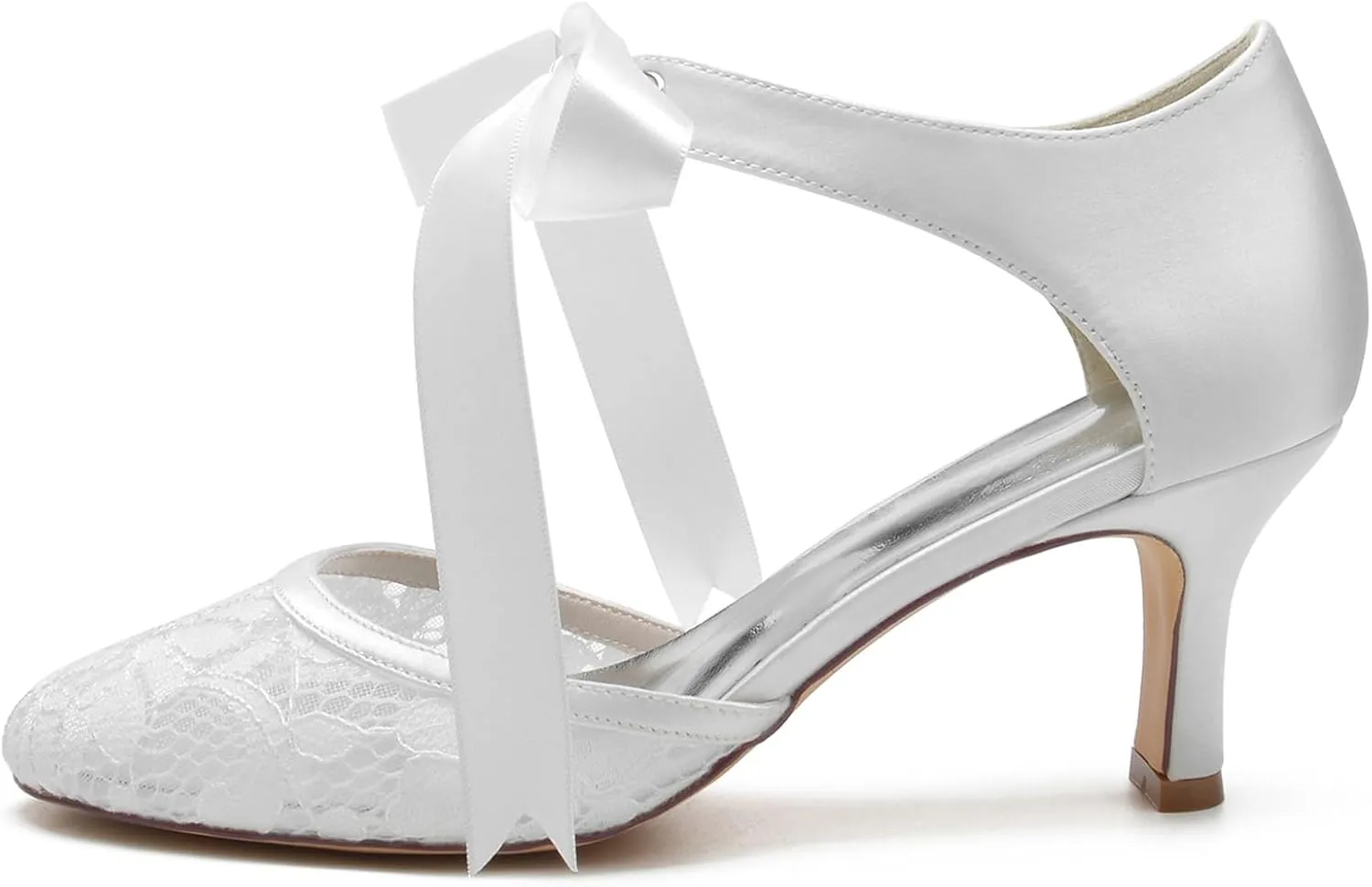 Roimaash Vintage Ribbon Lace Bow Wedding Pumps Round Toe