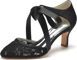 Roimaash Vintage Ribbon Lace Bow Wedding Pumps Round Toe