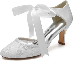 Roimaash Vintage Ribbon Lace Bow Wedding Pumps Round Toe