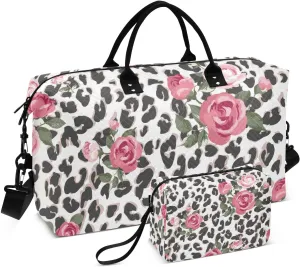 Rose Flower and Leopard Print Travel Duffle Bag, Large Weekender Overnight Bags for Women Men Waterproof Carry on Shoulder Tote Bags for Hospital Maternity Mommy Gym with Toiletry Bag