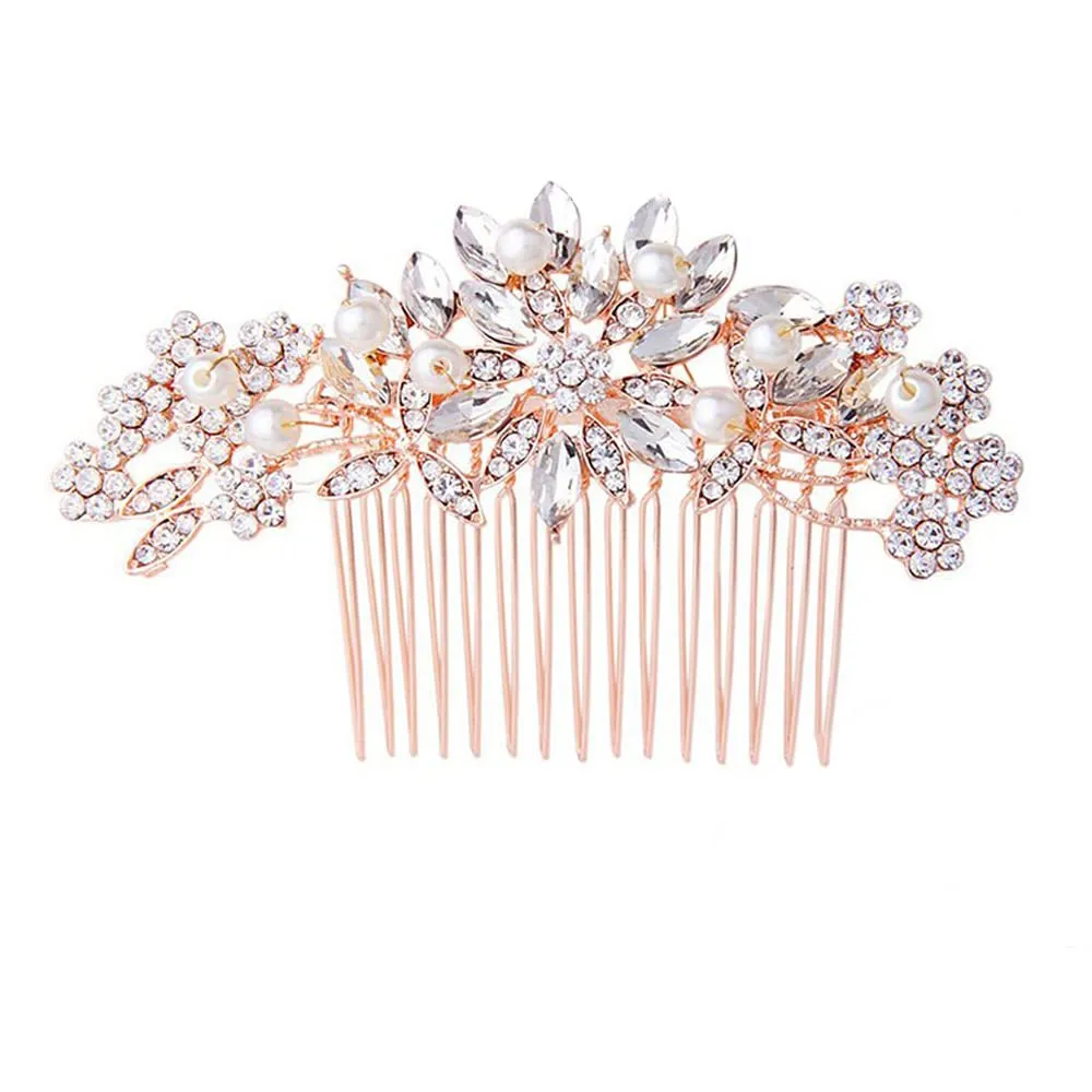 Rose Gold Wedding Hair Comb Pearl Crystal Bridal Hair Accessories For Bride and Bridesmaid