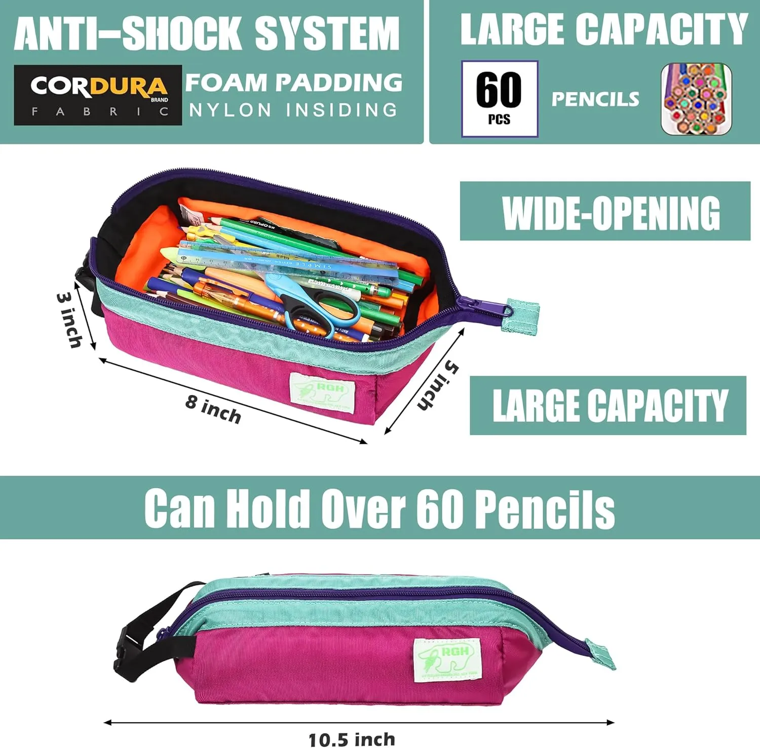 Rough Enough Large Pencil Case Pen Pouch Bag for Girls Boys Adults School Art Supplies Sturdy Japanese Cordura Fabric Blue Purple