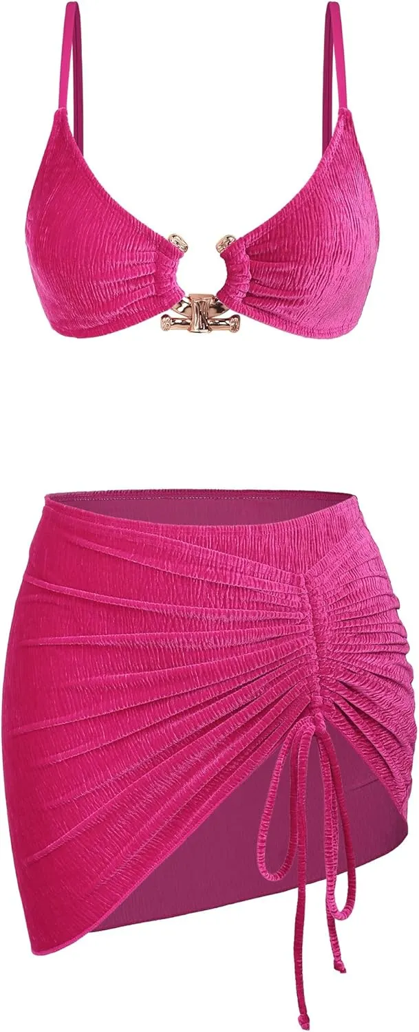 Ruched 3 Piece Swimsuits for Women Ribbed Velvet Bikini Sets with Sarong Coverup Metal Ring Bathing Suit