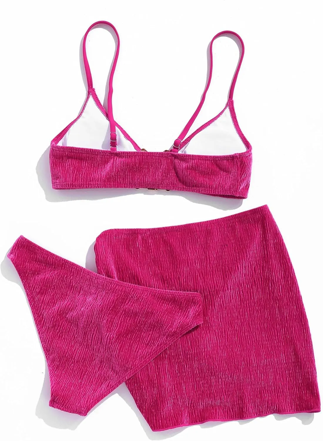 Ruched 3 Piece Swimsuits for Women Ribbed Velvet Bikini Sets with Sarong Coverup Metal Ring Bathing Suit