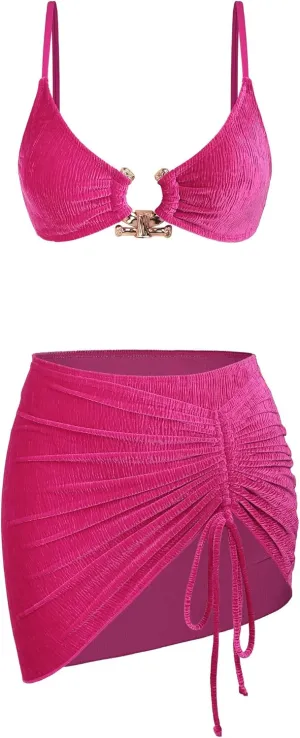 Ruched 3 Piece Swimsuits for Women Ribbed Velvet Bikini Sets with Sarong Coverup Metal Ring Bathing Suit