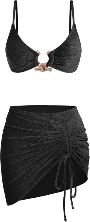 Ruched 3 Piece Swimsuits for Women Ribbed Velvet Bikini Sets with Sarong Coverup Metal Ring Bathing Suit