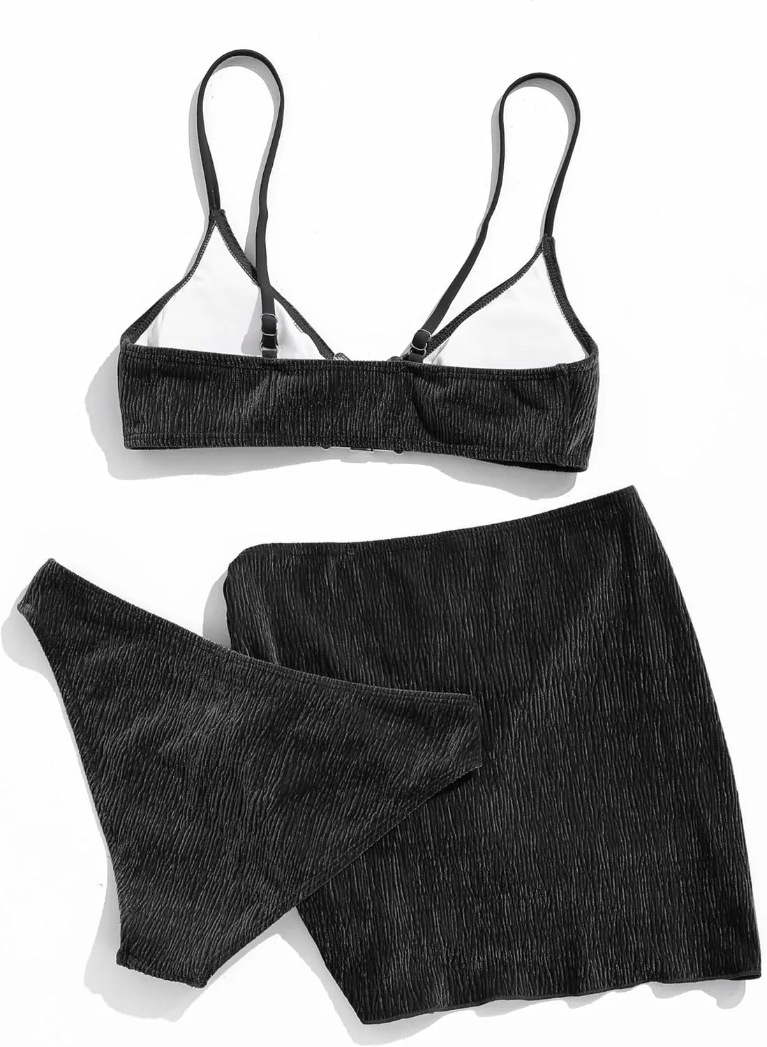 Ruched 3 Piece Swimsuits for Women Ribbed Velvet Bikini Sets with Sarong Coverup Metal Ring Bathing Suit
