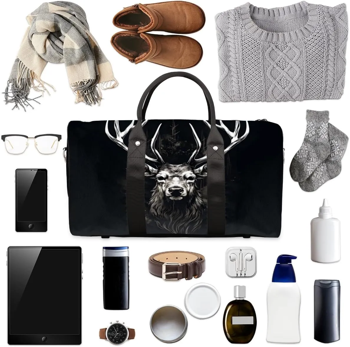 Rustic Elk Travel Duffle Bag for Women Men Gym Duffel Foldable Bag Waterproof Weekender Forest Animal Duffle Tote
