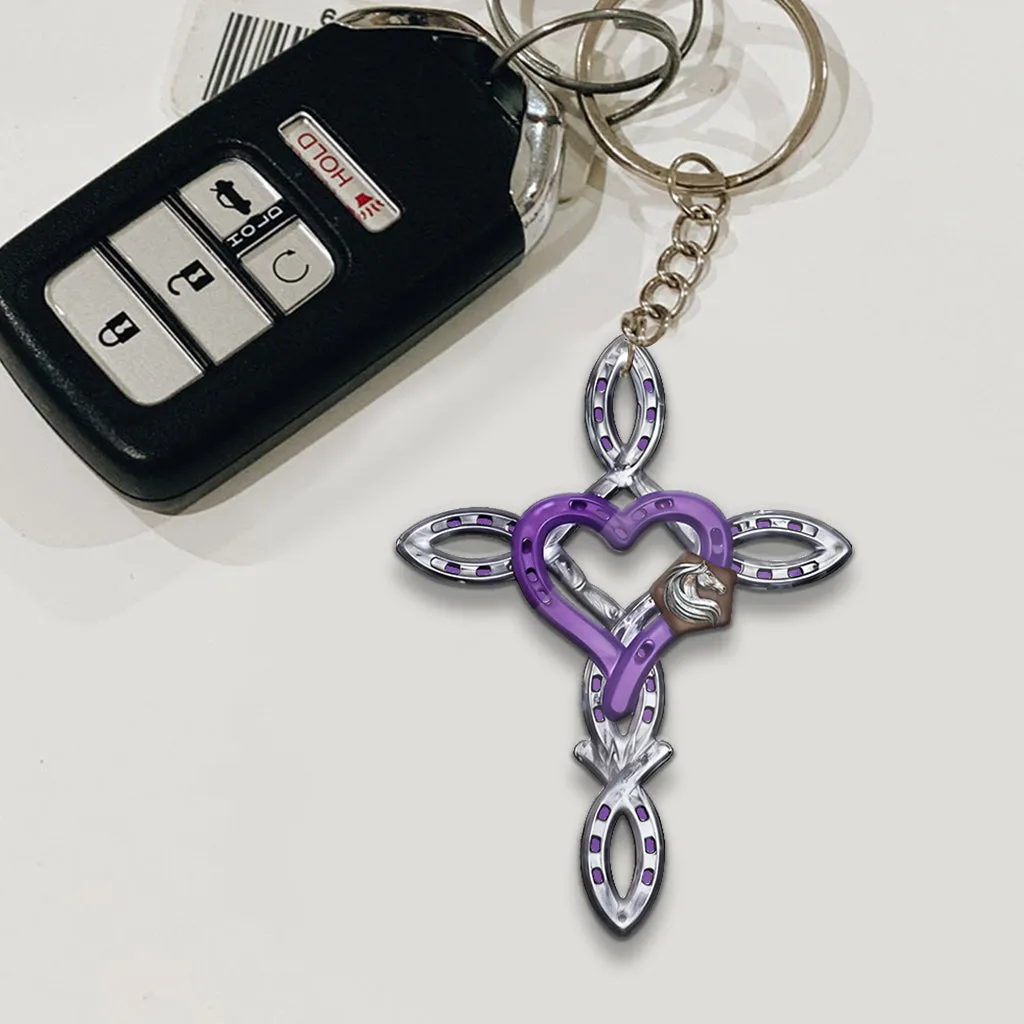 Rustic Horseshoe Cross - Personalized Horse Keychain