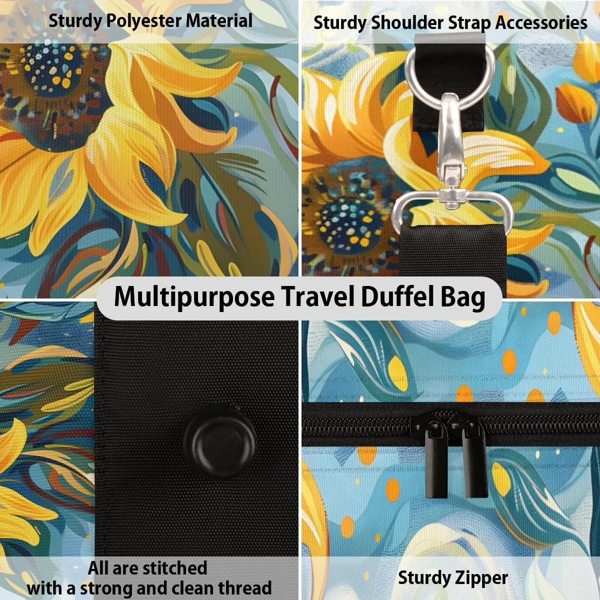 Rustic Sunflowers Travel Duffle Bag for Women Men Gym Duffel Foldable Bag Waterproof Weekender Watercolor Plants Duffle Tote