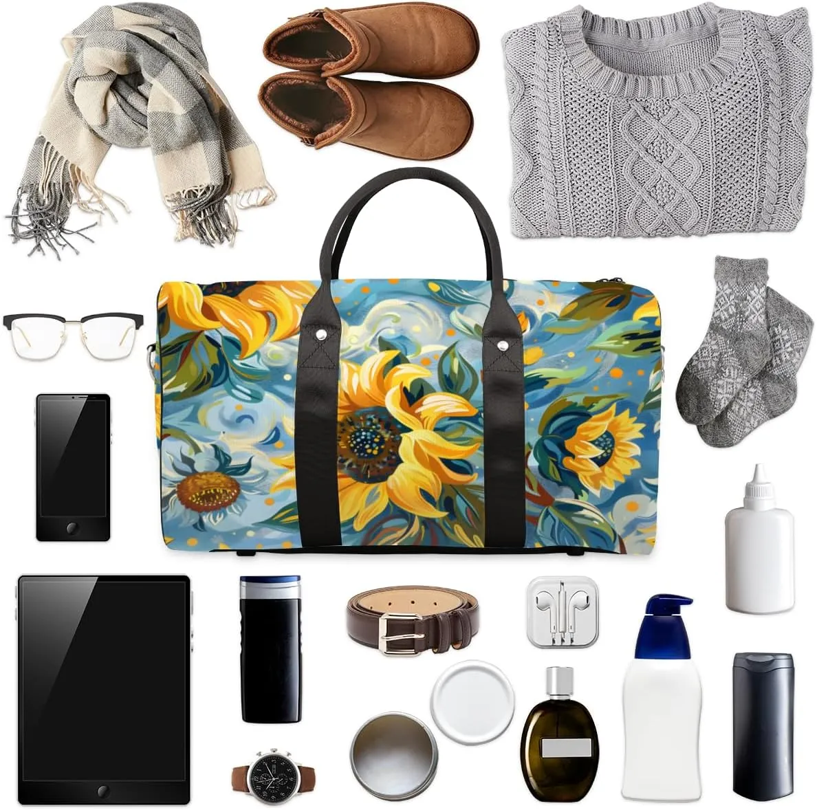Rustic Sunflowers Travel Duffle Bag for Women Men Gym Duffel Foldable Bag Waterproof Weekender Watercolor Plants Duffle Tote
