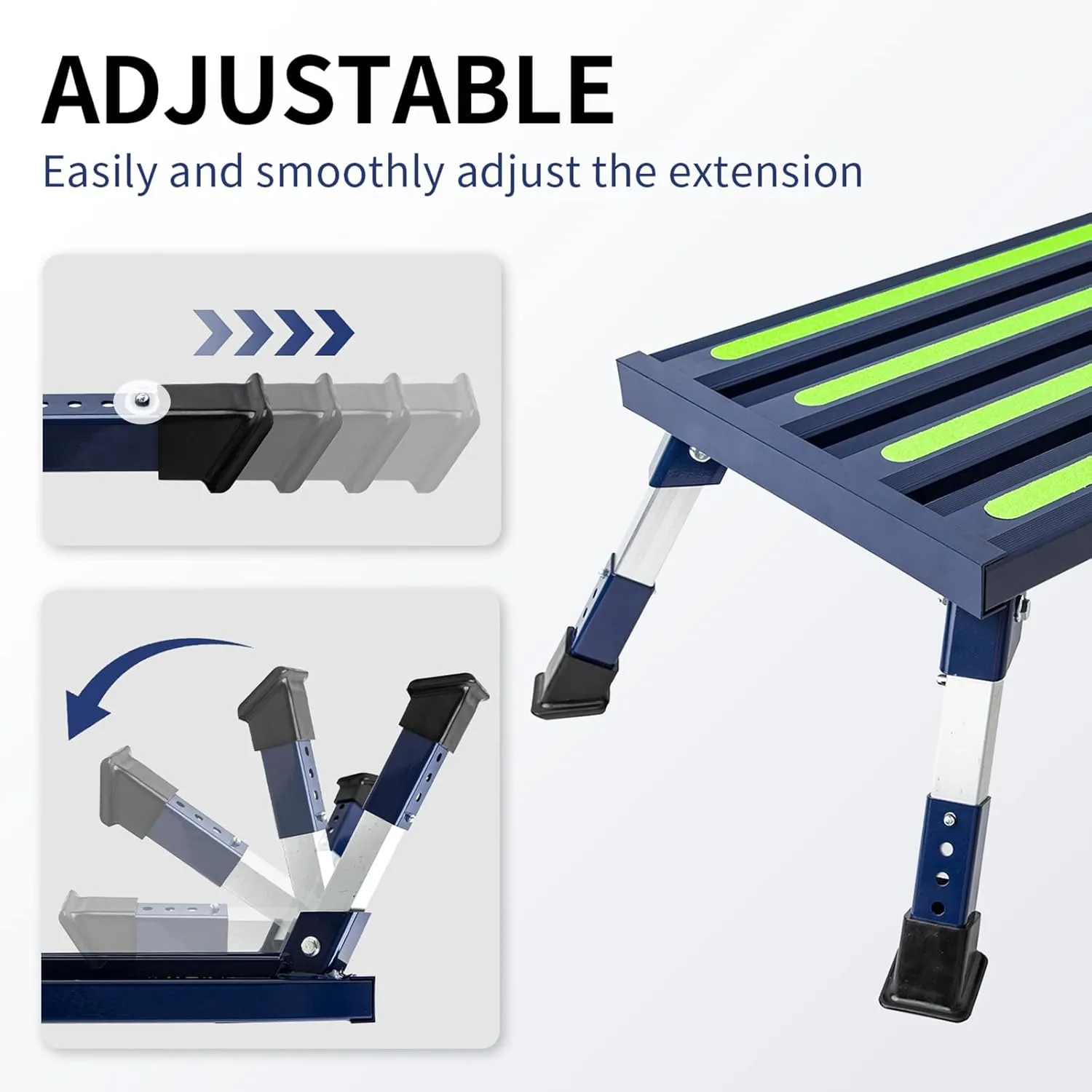 RV Steps Adjustable Height Aluminum Stable Folding Platform Step Portable Handle and Reflective Strips Non-Slip Rubber Feet with Anti-Slip Surface,Supports Up to 1,000 lbs(Blue)