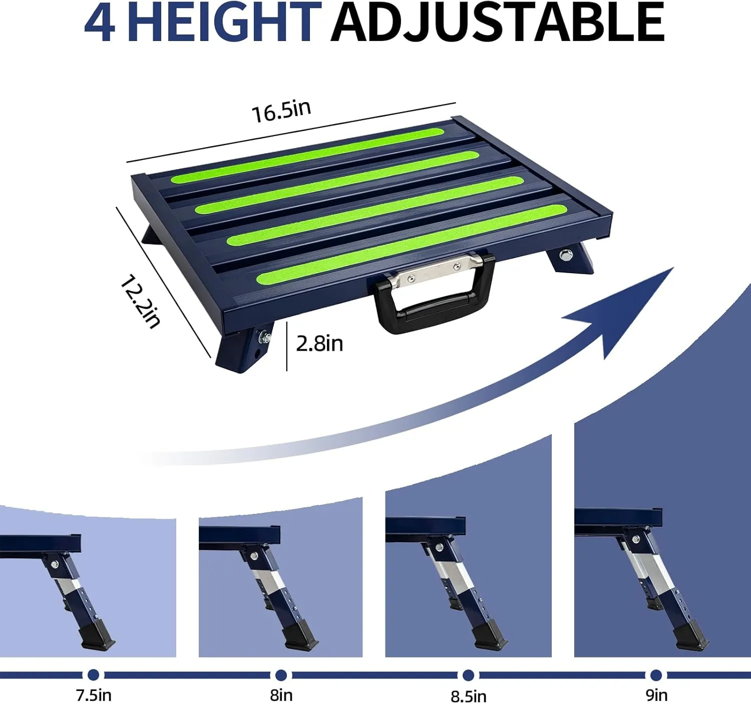 RV Steps Adjustable Height Aluminum Stable Folding Platform Step Portable Handle and Reflective Strips Non-Slip Rubber Feet with Anti-Slip Surface,Supports Up to 1,000 lbs(Blue)