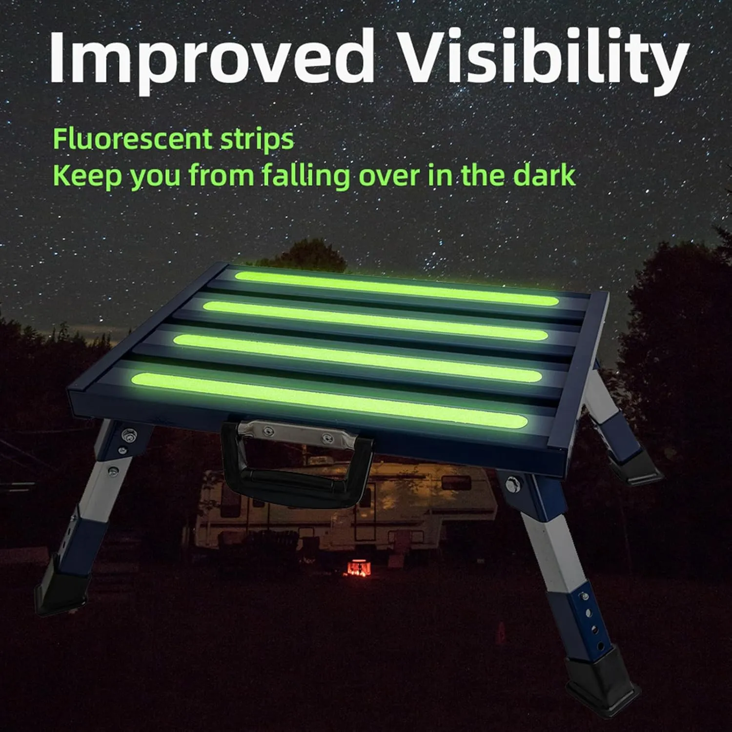 RV Steps Adjustable Height Aluminum Stable Folding Platform Step Portable Handle and Reflective Strips Non-Slip Rubber Feet with Anti-Slip Surface,Supports Up to 1,000 lbs(Blue)