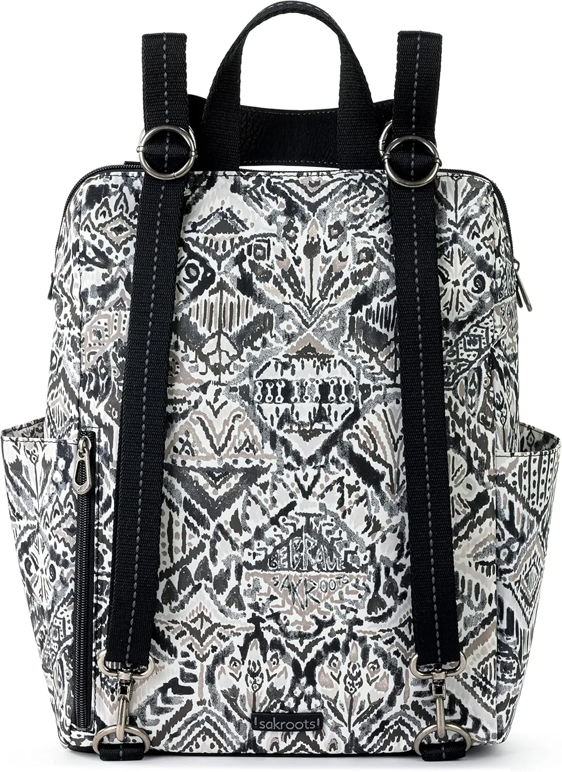 Sakroots Women's Loyola Backpack in Eco-Twill, Adjustable Crossbody Strap, Multifunctional Bag with Laptop Compartment, Convertible Purse, Jet Brave Beauti, One Size