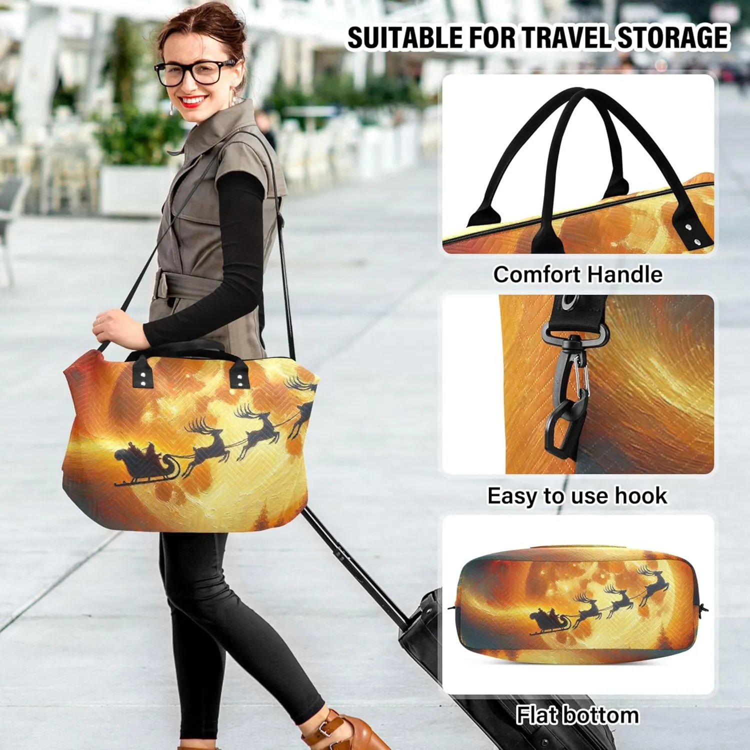 Santa Claus Deer Elk Duffel Bags for Traveling Cosmetic Bag Set of 2, Print Women Luggage Bags Carry on Tote