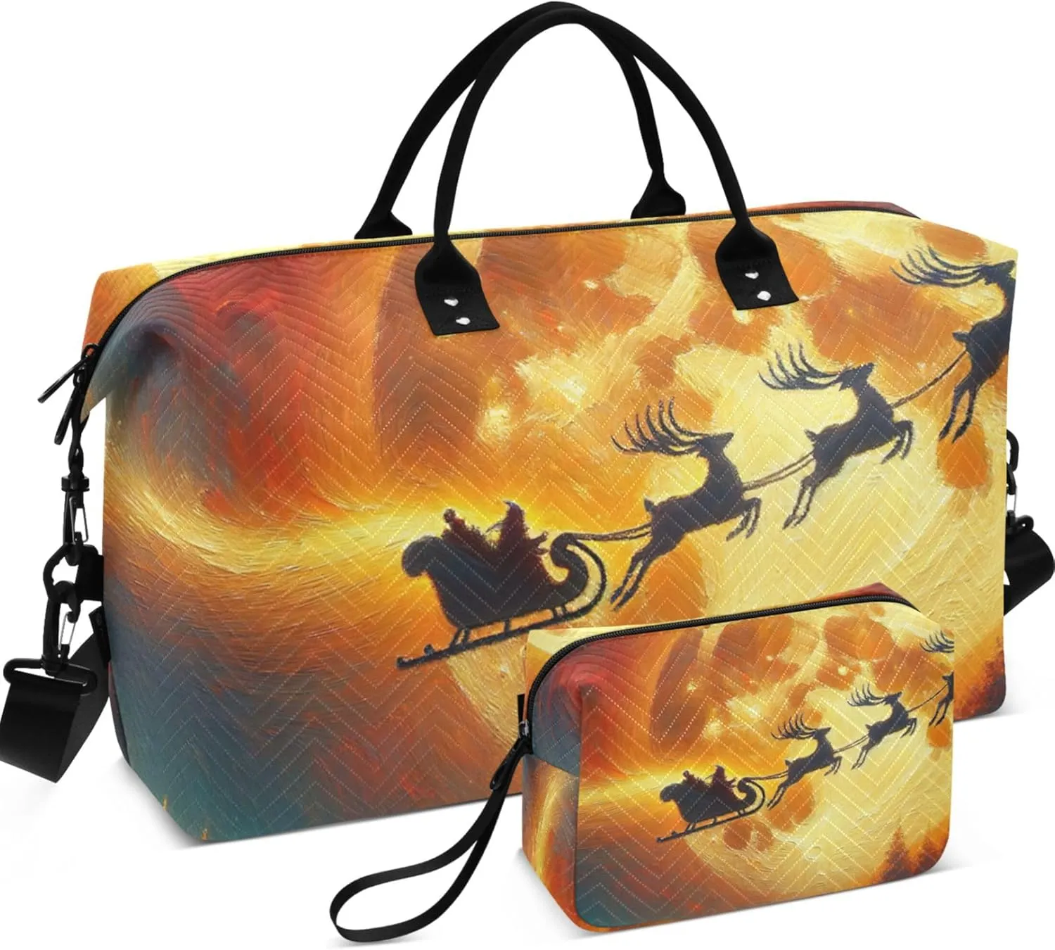 Santa Claus Deer Elk Duffel Bags for Traveling Cosmetic Bag Set of 2, Print Women Luggage Bags Carry on Tote
