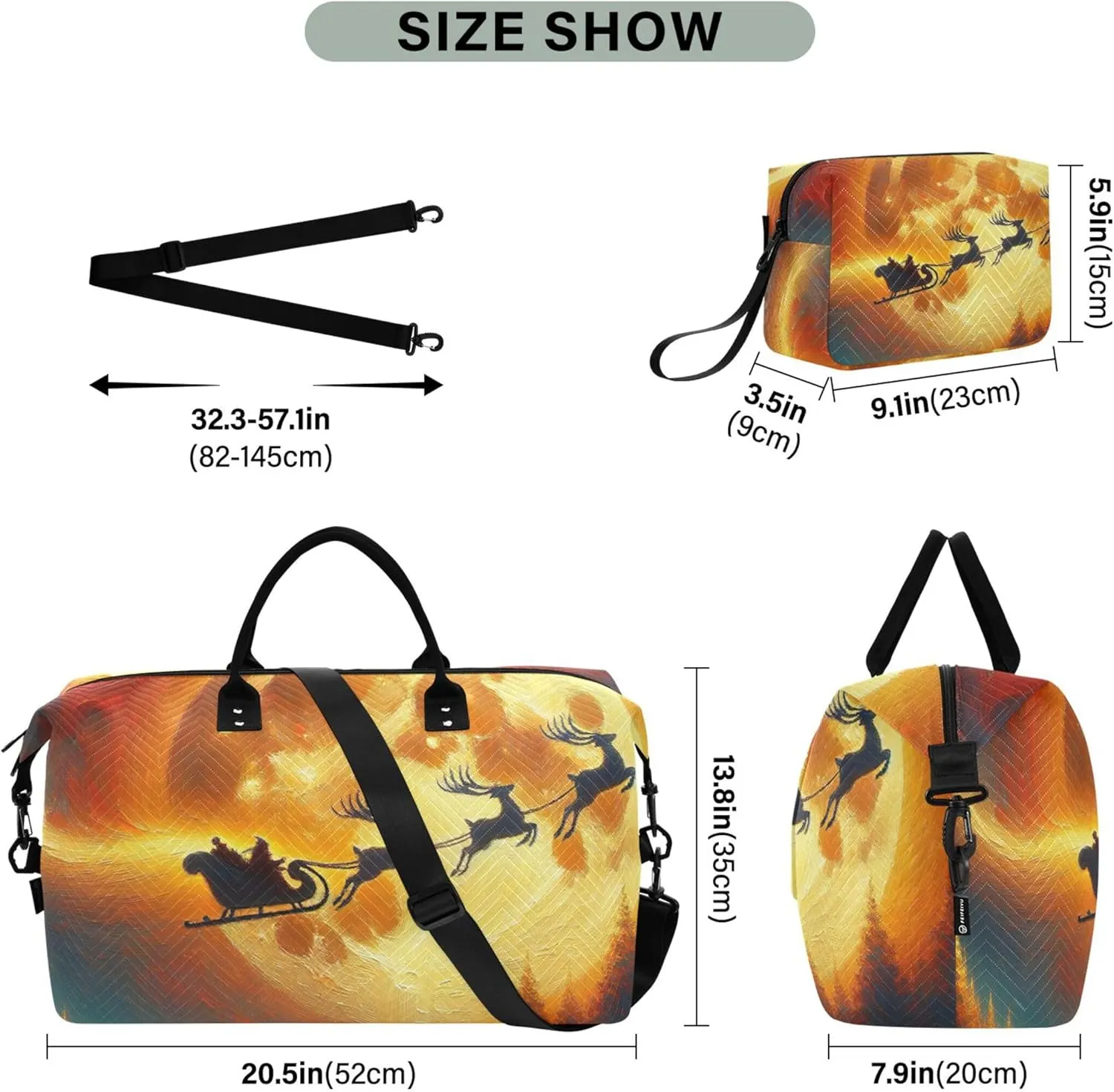 Santa Claus Deer Elk Duffel Bags for Traveling Cosmetic Bag Set of 2, Print Women Luggage Bags Carry on Tote