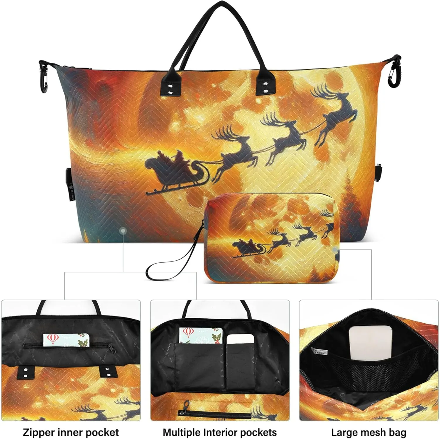 Santa Claus Deer Elk Duffel Bags for Traveling Cosmetic Bag Set of 2, Print Women Luggage Bags Carry on Tote