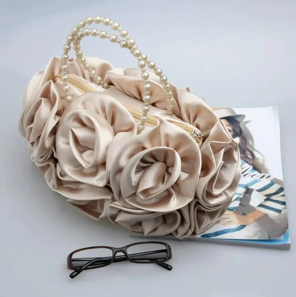 Satin Floral Evening Clutch - Elegant Handbag for Bride, Bridesmaid & Party, Timeless Wedding Accessory