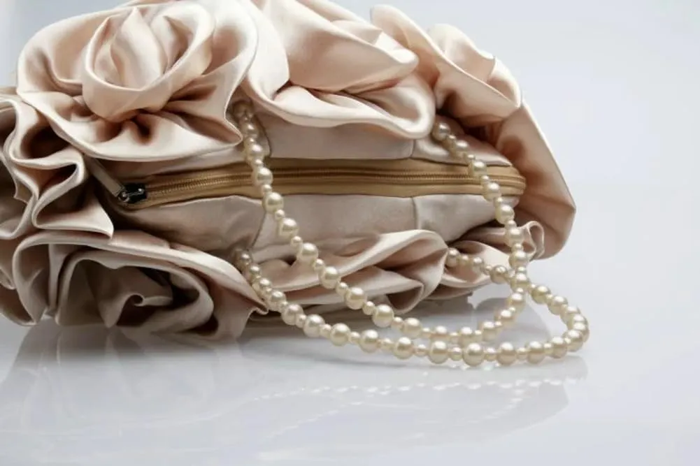 Satin Floral Evening Clutch - Elegant Handbag for Bride, Bridesmaid & Party, Timeless Wedding Accessory