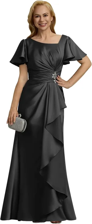 Satin Mother of The Bride Dresses 2025 Short Sleeves Ruched Long Formal Gown Wedding Guest Dress