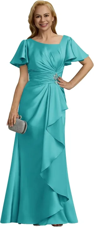 Satin Mother of The Bride Dresses 2025 Short Sleeves Ruched Long Formal Gown Wedding Guest Dress