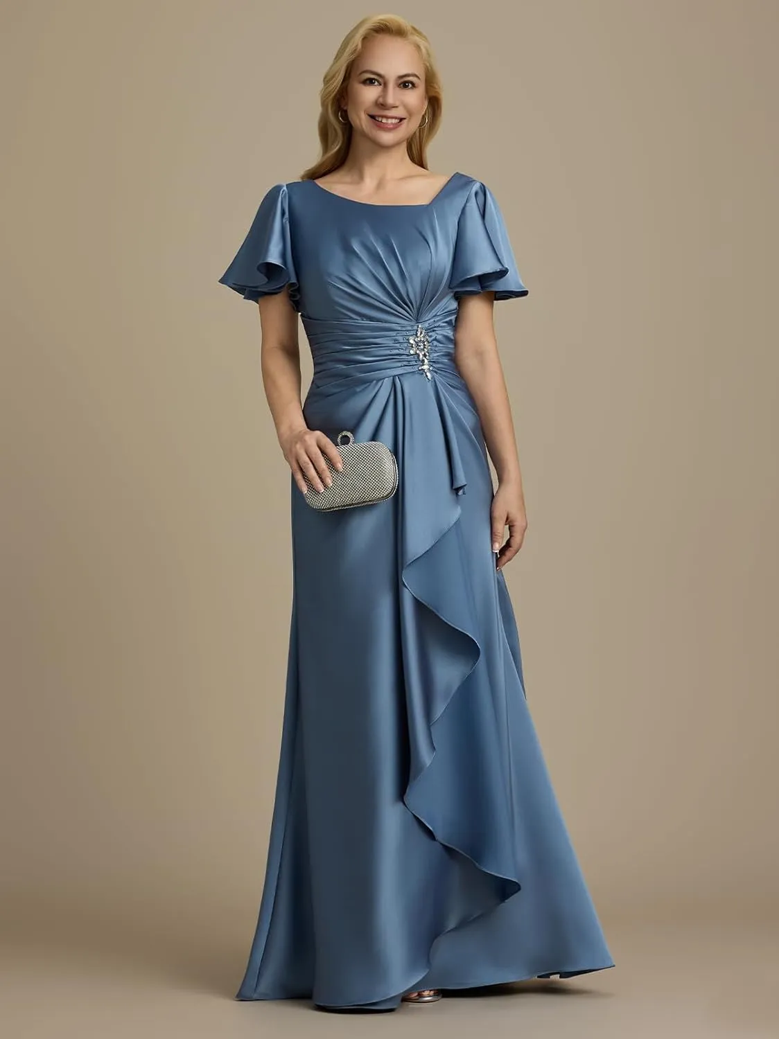Satin Mother of The Bride Dresses 2025 Short Sleeves Ruched Long Formal Gown Wedding Guest Dress